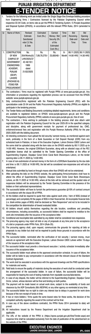 Punjab Irrigation Department Tender Notice